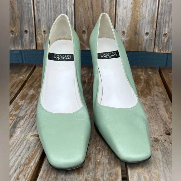 Charles Jourdan Seafoam Green Chunky Block Heel Pumps Shoes High Heels Sz 9 Rare - Picture 2 of 9